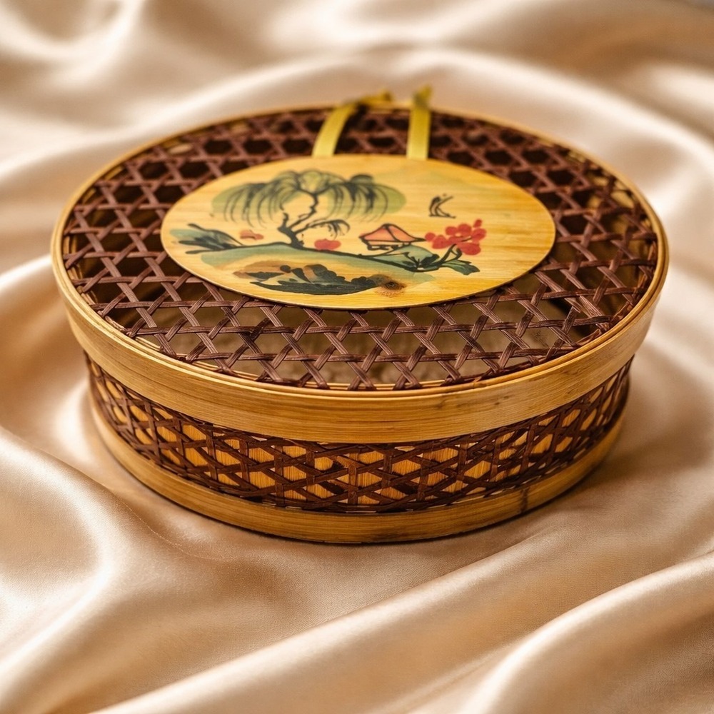 Vintage Chinese Woven Bamboo Rattan Sewing Basket Trinket Box w/Lid Design Scene